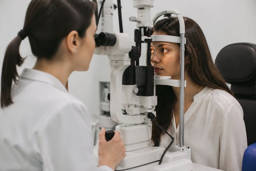 Eye care professional conducting a contact lens fitting examination with a patient using specialized equipment in a clinical setting, with warm clinical lighting