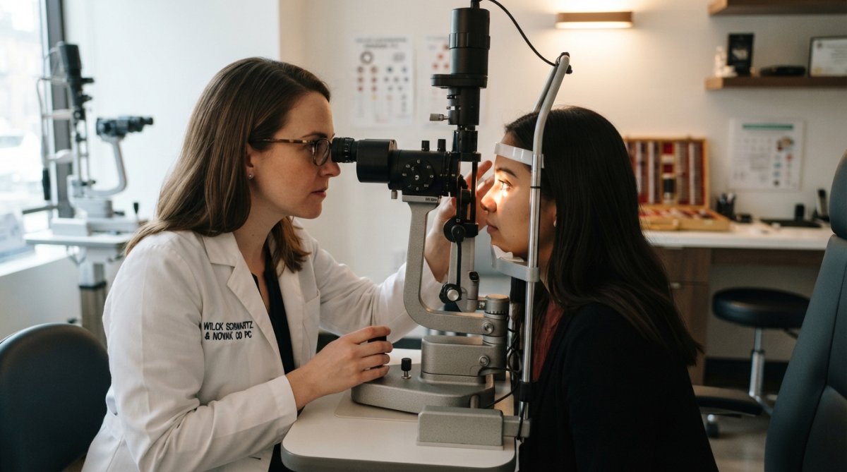 Optometrist performing contact lens fitting examination on patient using advanced keratometer and topography equipment in modern eye care office with natural lighting