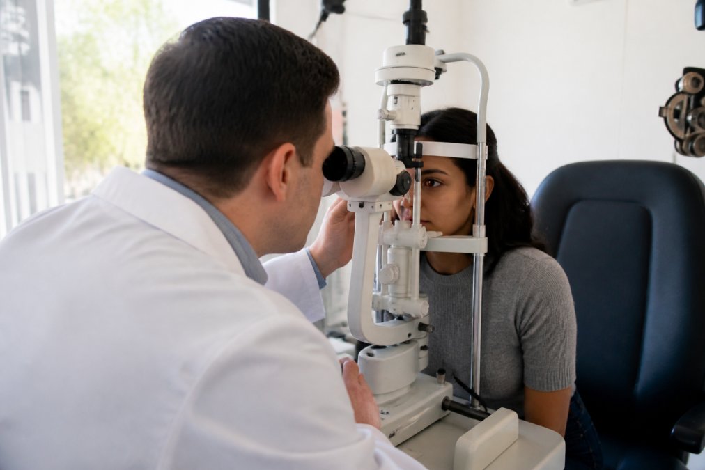 Optometrist performing a contact lens fitting on a patient using advanced optometric equipment in a bright, welcoming exam room with natural lighting