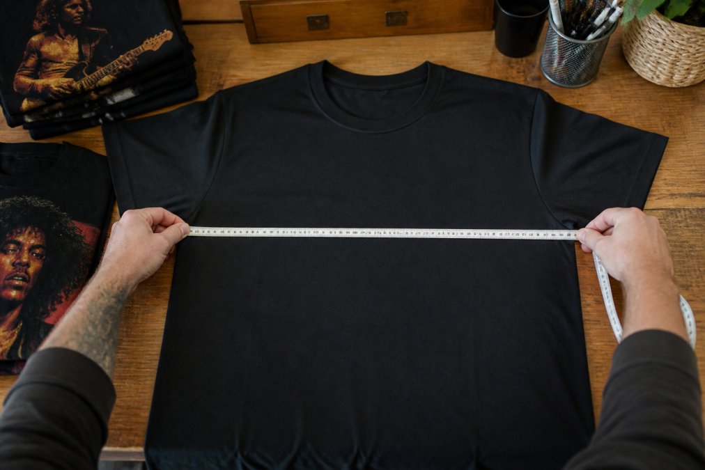 Close-up of hands holding a soft measuring tape positioned horizontally across a laid-flat band t-shirt, measuring from armpit to armpit with the fabric smooth and wrinkle-free
