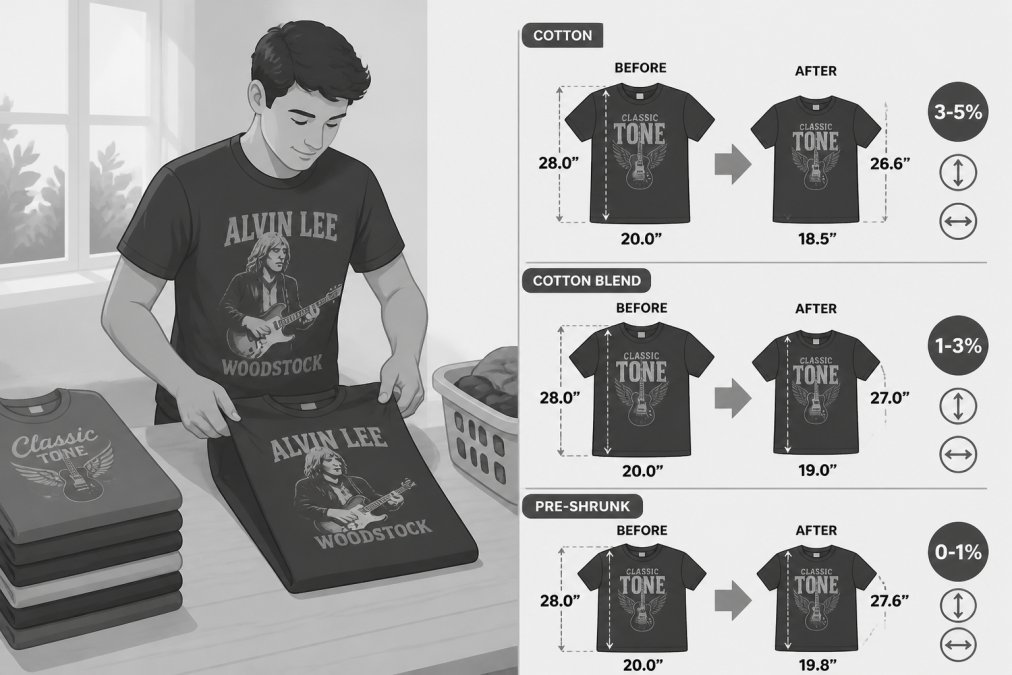 Person carefully folding a freshly laundered band t-shirt in natural daylight, showing the garment's soft texture and drape after washing, with the graphic design visible