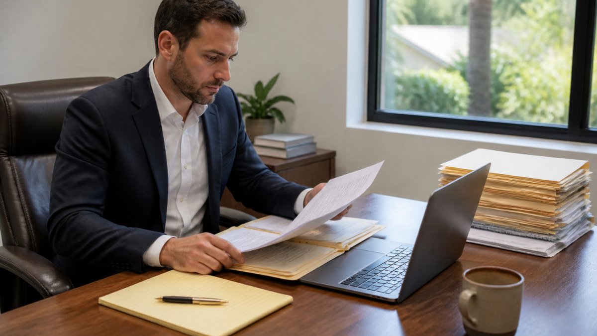 Professional researcher sitting at desk with laptop and documents, reviewing court records and property information on screen, with notepad and pen nearby for notes