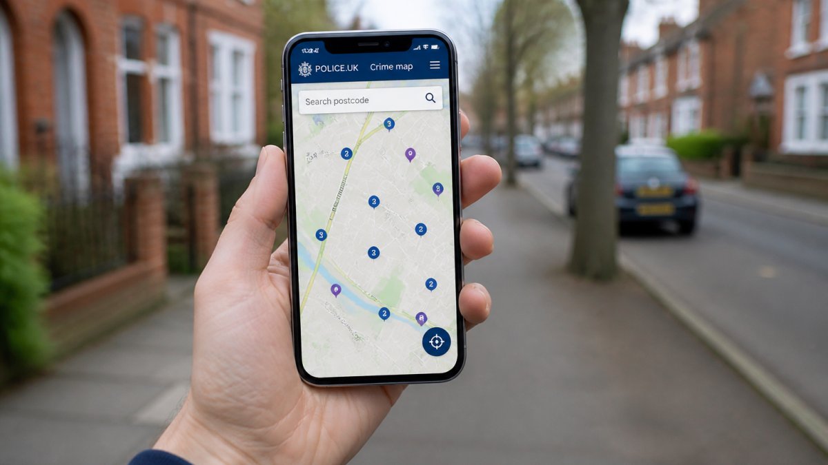 Hand holding smartphone displaying the police.uk crime map interface with a postcode search box and crime incident markers visible on the map