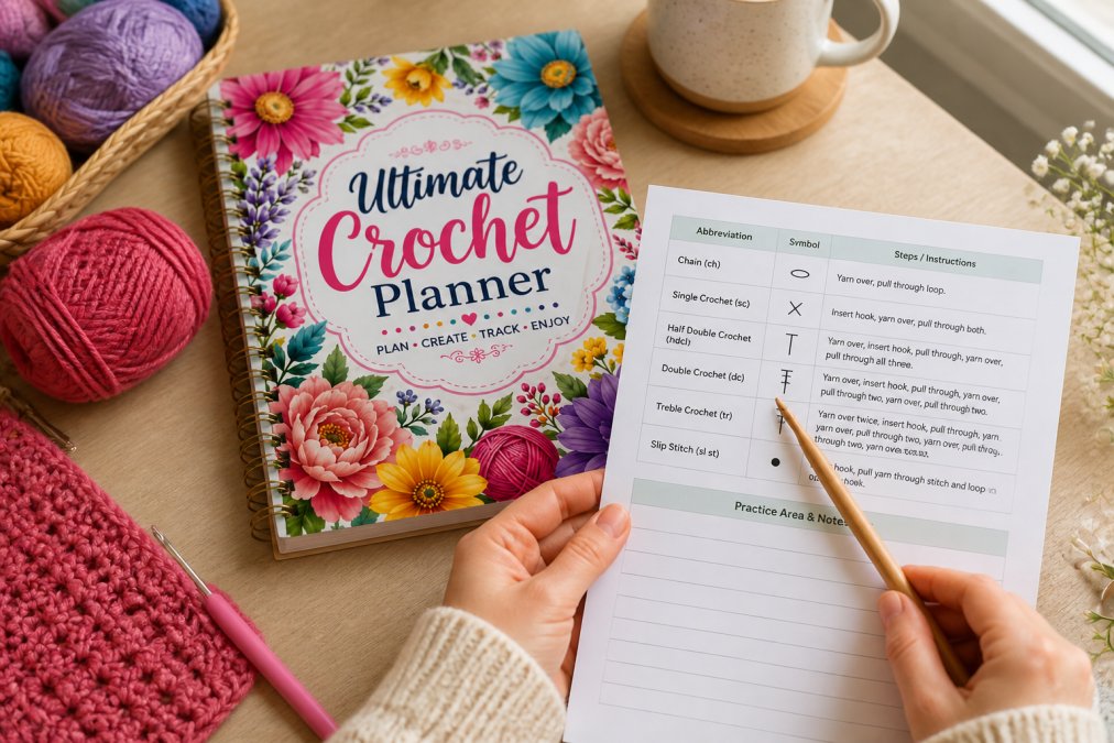 Close-up of hands holding a printed crochet pattern with visible crochet abbreviations and symbols, a wooden crochet hook resting on the page, and colorful yarn balls in soft natural window lighting
