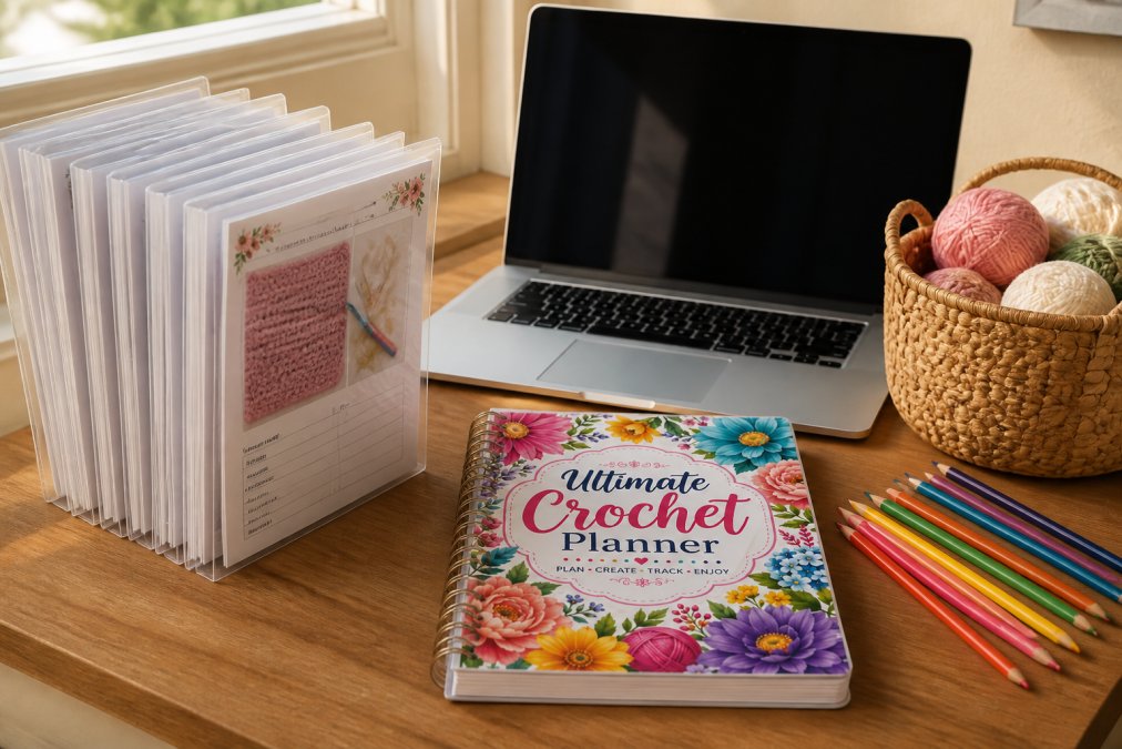 Organized craft workspace showing printed crochet patterns neatly stored in clear folders, a laptop displaying digital pattern files, the Ultimate Crochet Planner open on a wooden desk with colored pencils, and a small basket of yarn nearby in warm afternoon light
