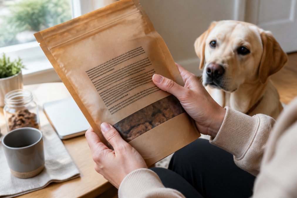 Close-up of a dog owner's hands holding a treat package and reading the ingredient label carefully in natural daylight, with the label clearly visible