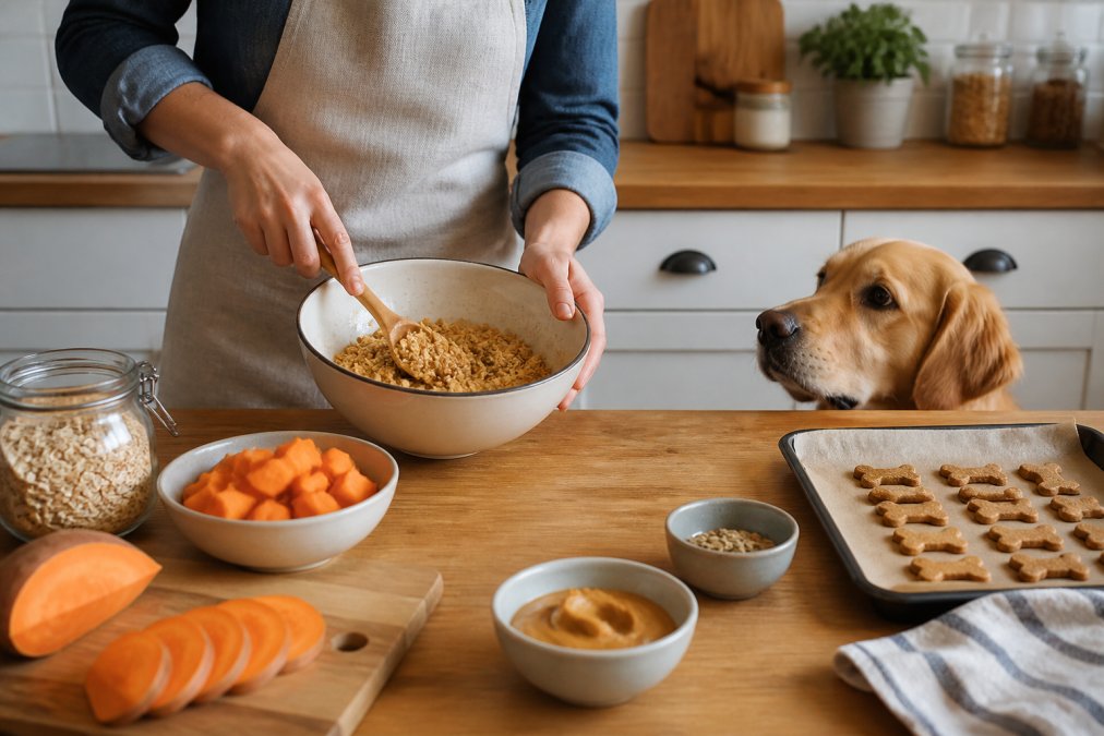 A person preparing homemade dog treats in a bright kitchen, with natural ingredients like oats, sweet potato, and peanut butter on a wooden counter, hands mixing ingredients in a bowl