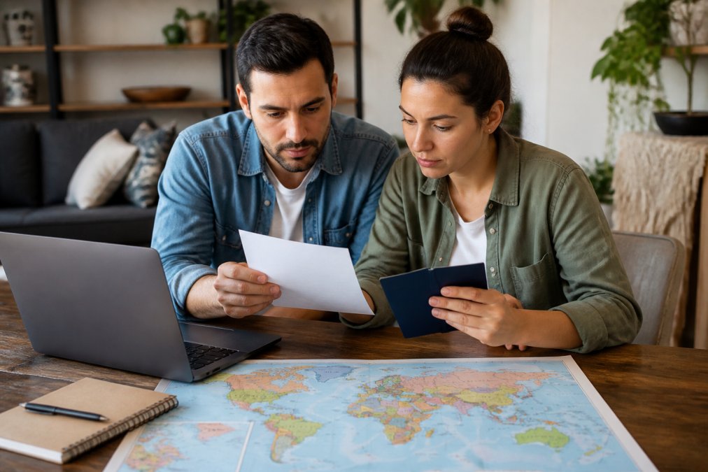 A couple reviewing travel documents and a laptop together at a wooden table, with a world map and a notebook, in a cozy home setting