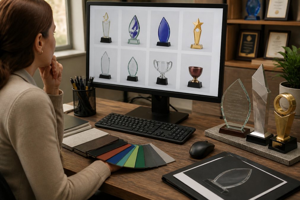 Marketing professional at desk reviewing digital designs of custom trophies and plaques on computer monitor, with printed trophy samples and color swatches arranged beside the keyboard in natural office lighting