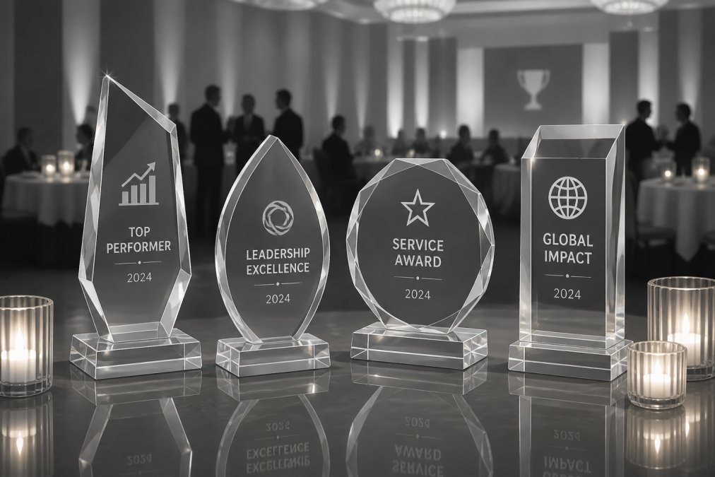 Elegant crystal and glass awards with custom engraving displayed on polished table at formal corporate gala, with ambient candlelight creating reflections through the glass surfaces
