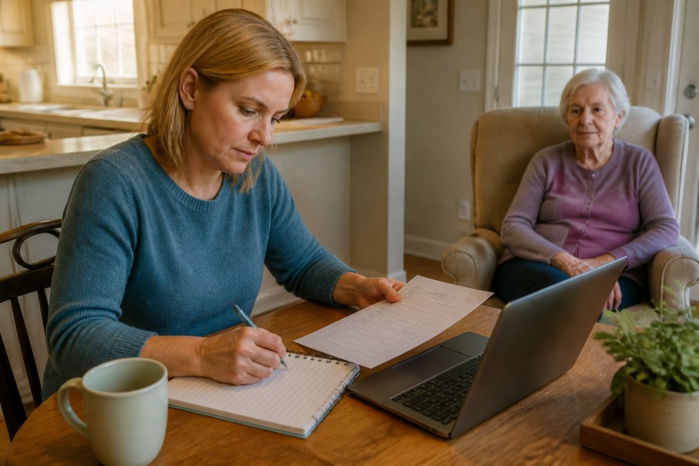 An adult daughter sitting at a kitchen table with a notebook and laptop, reviewing a care assessment checklist while her elderly mother with dementia sits nearby in a comfortable armchair, soft afternoon light through the window