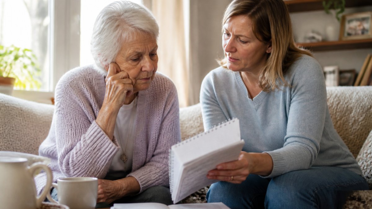 Adult child sitting with aging parent at home, reviewing handwritten notes and discussing care needs in a warm, supportive living room with natural afternoon light