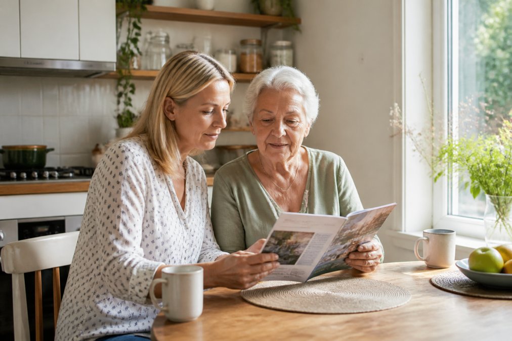 A daughter sitting beside her elderly mother at a kitchen table, both looking at a brochure, soft morning light through a window