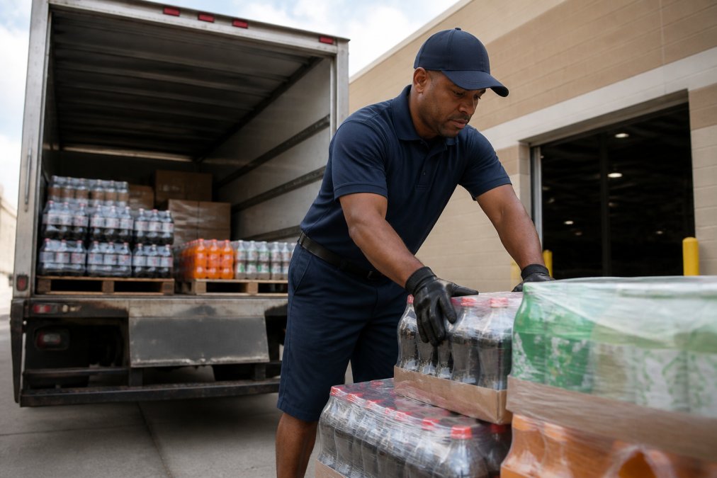 A delivery driver in a branded uniform unloading beverage cases from a truck at a retail store loading dock