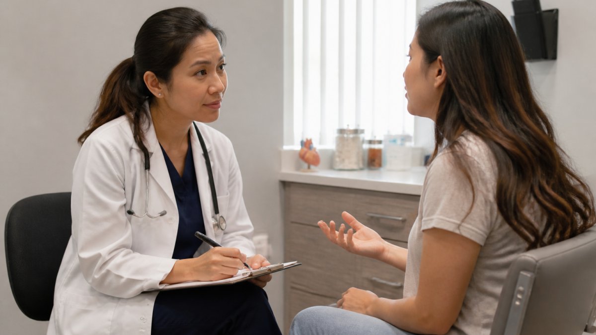 Doctor making eye contact and taking notes while speaking with a patient, typical of doctors who listen.