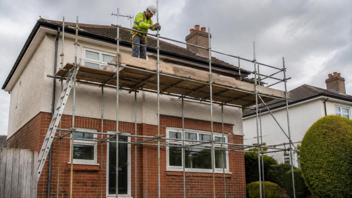Scaffolder checking a joint on domestic scaffolding Kent at a house