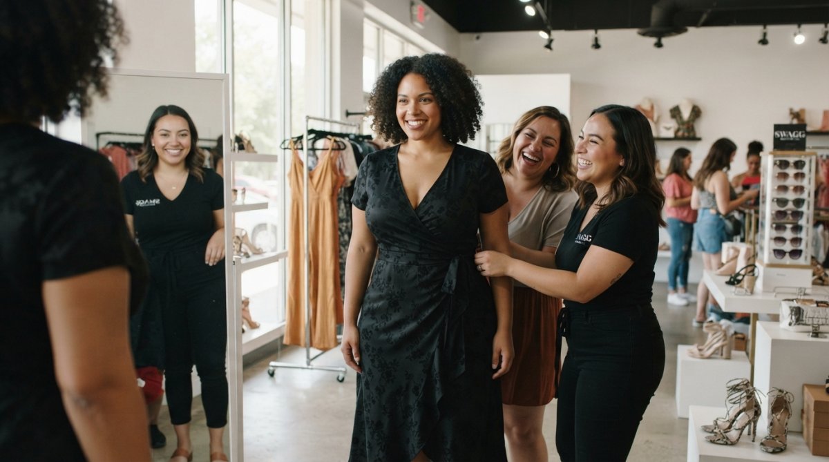 A confident curvy woman in a fitted wrap midi dress with a defined waist, standing against a clean white studio backdrop, looking directly at the camera with a bold, direct expression under bright studio lighting