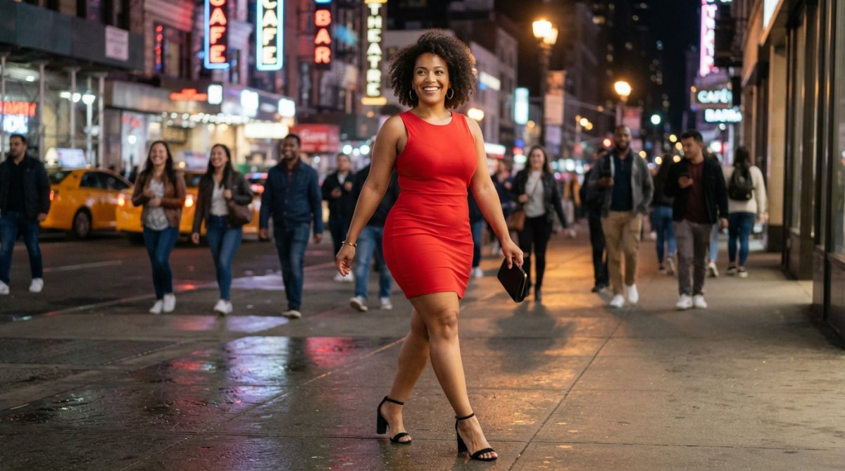 A curvy woman in a bold red bodycon dress and heels, posing confidently on a city sidewalk at night, warm street lighting illuminating her from the side, mid-stride with a direct expression