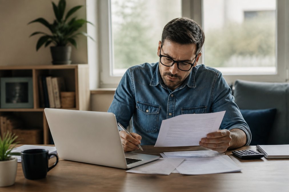 Real estate investor reviewing property documents and loan paperwork at a desk with a laptop, calculator, and financial statements in a modern home office with natural window lighting