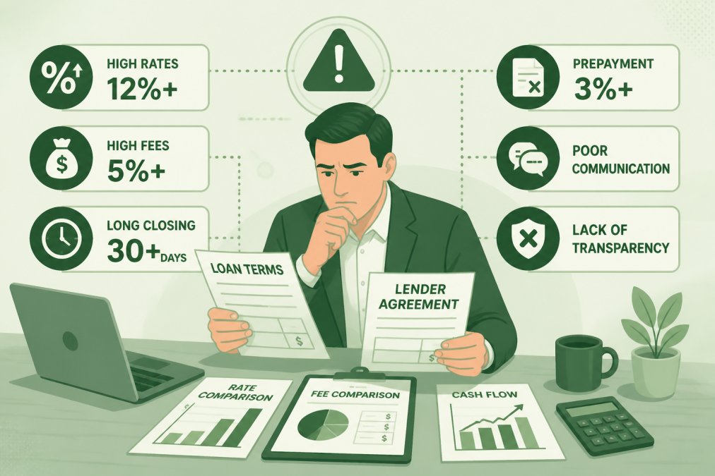 Business professional with a concerned expression analyzing financial documents and comparing contract terms at a desk with multiple documents and a laptop