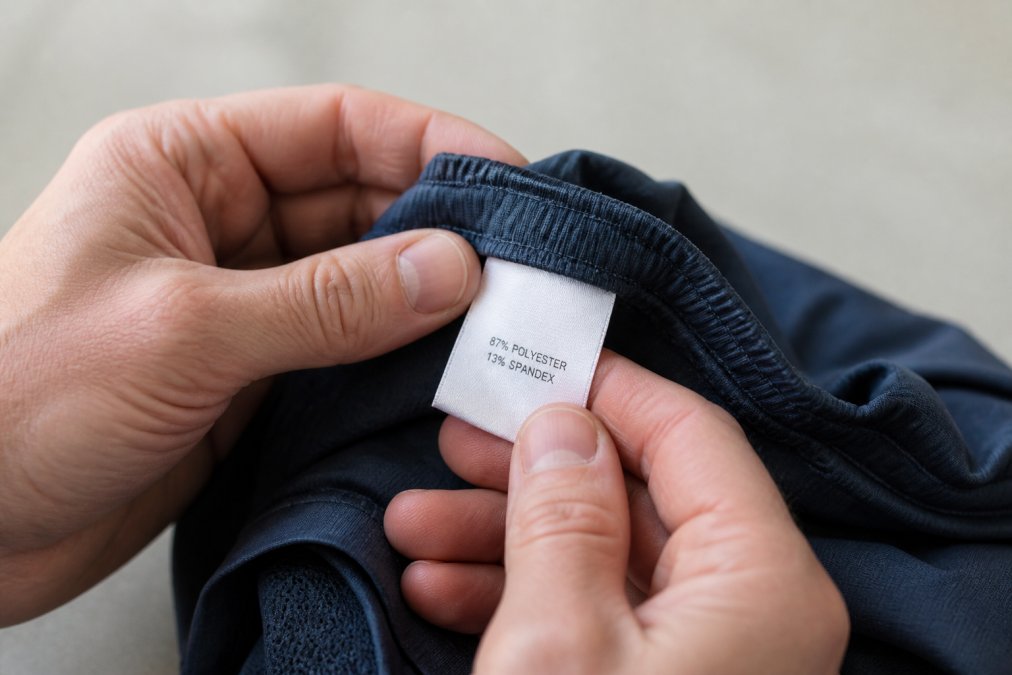 Close-up of hands holding an athletic garment tag showing fiber percentages, soft daylight, neutral background