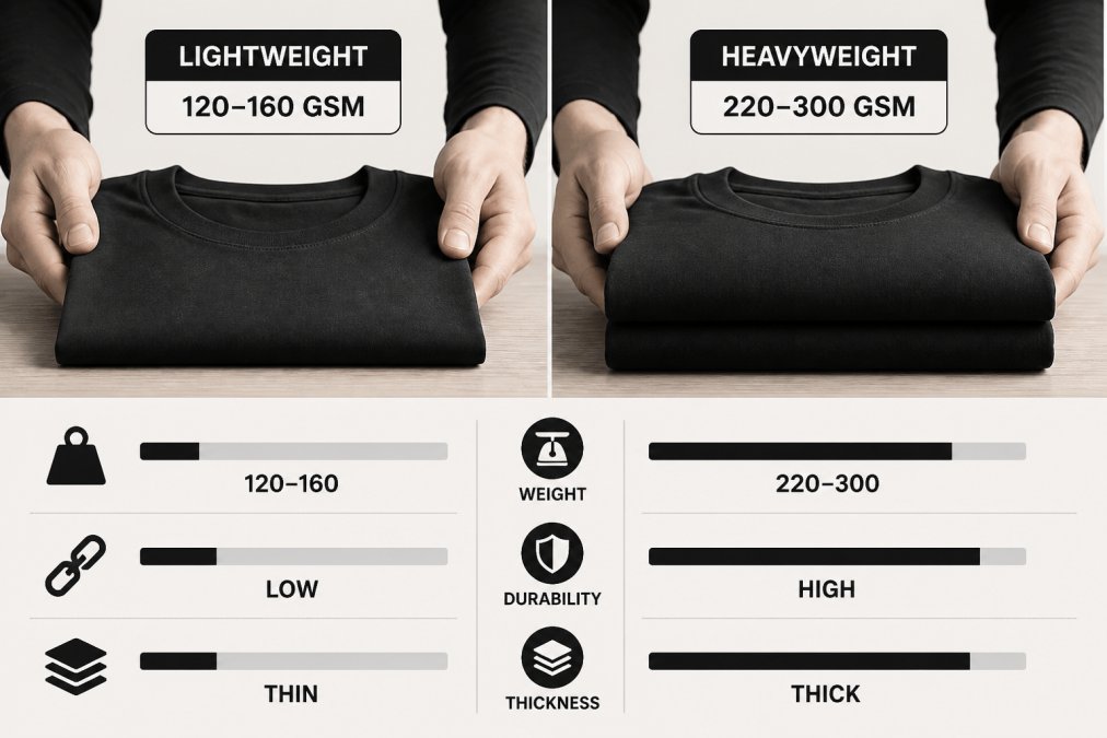 Comparison of fabric thickness between two durable Christian apparel t-shirts to illustrate GSM weight differences.