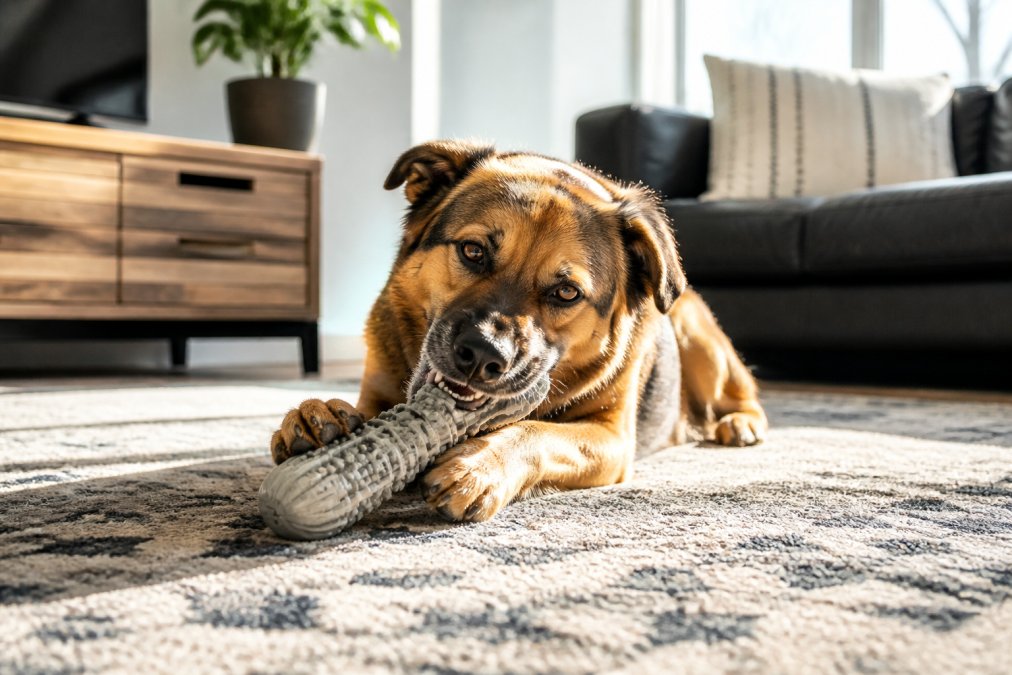 A happy medium-sized dog lying on a living room rug, gnawing intently on a large textured nylon bone, with the afternoon sunlight catching the toy's ridges