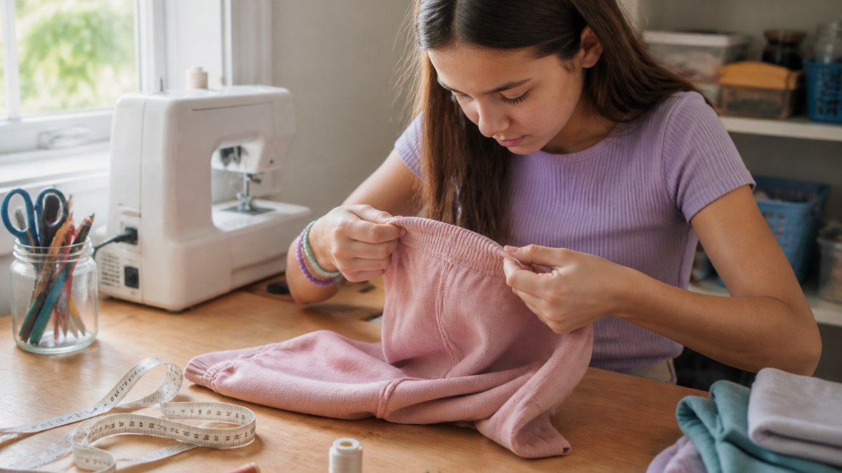 Girl examining reinforced seams and quality stitching on a garment in natural daylight