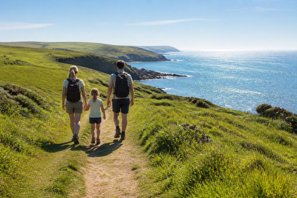 A family walking on a grassy cliff top path near Bolberry Down, gentle slopes and clear path visible, sea sparkling in the background under late morning sun