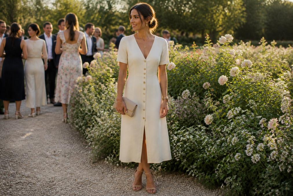 Woman in a pearl-button midi dress and nude heels standing in a sunny garden during a summer wedding.