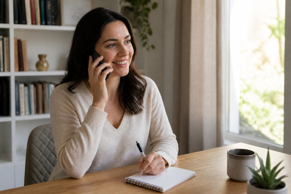 Person taking notes while calling empathetic dentists from a bright home office to discuss their oral health
