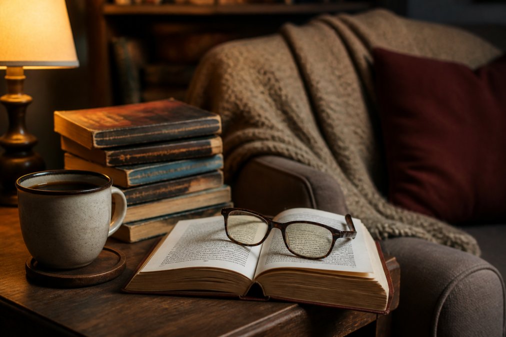 A cozy reading nook with a mug of tea, glasses, and a stack of engaging mystery novels on an open book.