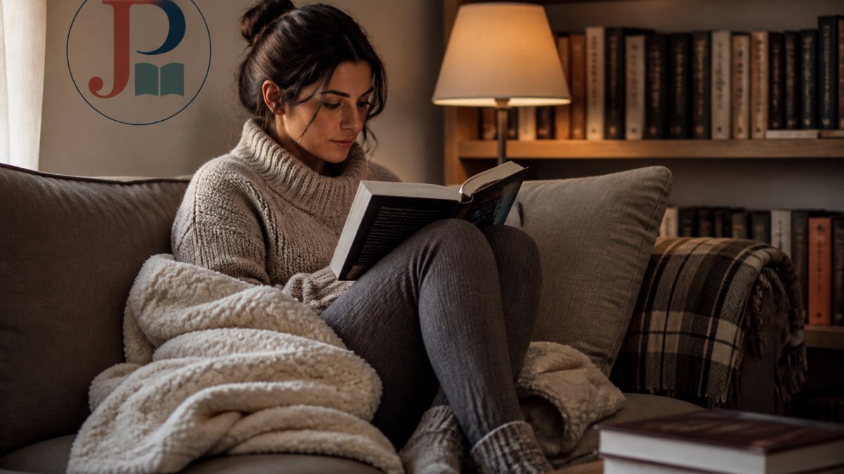 Person curled up on a comfortable couch with a book, warm lighting, cozy home setting, suggesting immersive reading experience