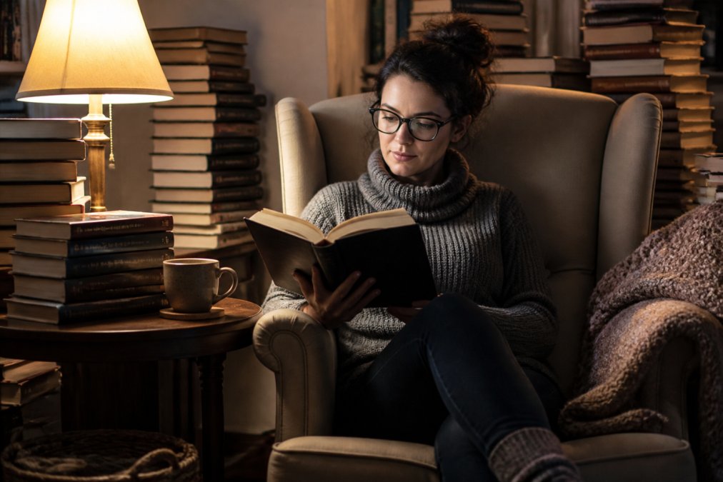 A reader relaxing in a cozy armchair surrounded by stacks of sci-fi novels, holding an open book with a warm mug of coffee on the side table, soft lamp light creating a comfortable evening atmosphere