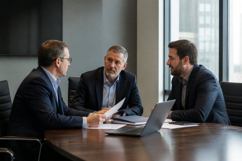 CISO and IT director reviewing vendor documents on how to find enterprise cybersecurity in Glendale