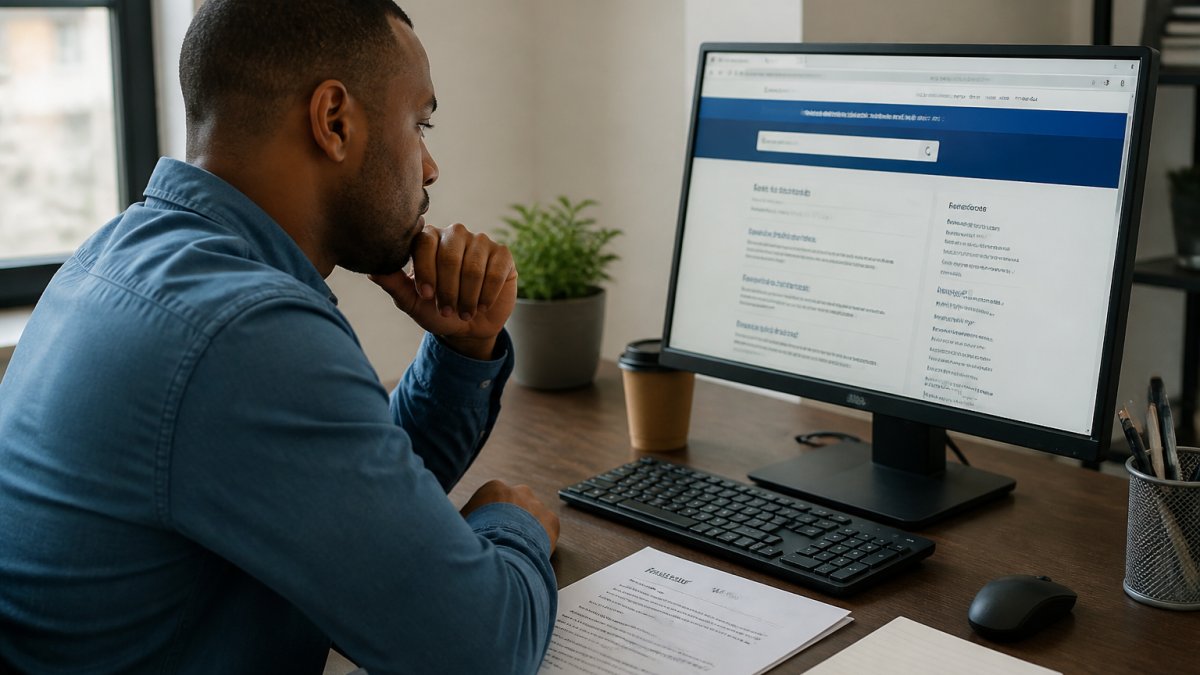 Professional individual focused at desk reviewing job listings on computer screen with printed resume and notepad nearby, natural office lighting