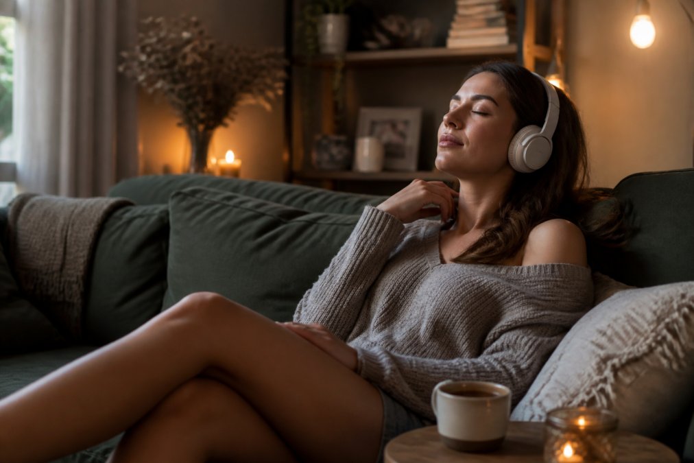 A woman in her late twenties relaxing on a couch in a dimly lit living room, wearing wireless headphones with eyes closed, a cup of tea on the side table beside her