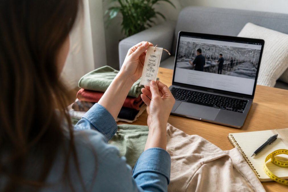 A person holding a clothing tag up to the light, examining certification labels in a well-lit home setting, with a laptop showing a brand's supply chain page in the background