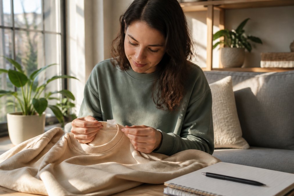 A person holding a clothing tag and examining a garment label in a bright, sunlit room, with a notebook and pen nearby for notes