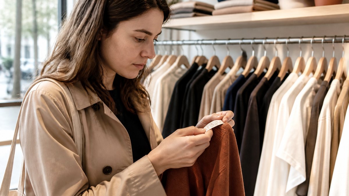 Person carefully examining clothing labels and fabric tags while shopping in natural daylight