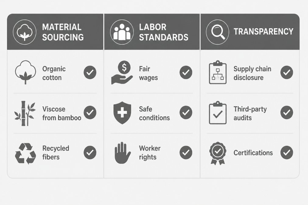 Checklist matrix with three columns, Material Sourcing (organic cotton, viscose from bamboo, recycled fibers), Labor Standards (fair wages, safe conditions, worker rights), Transparency (supply chain disclosure, third-party audits, certifications), showing checkmarks for verification items