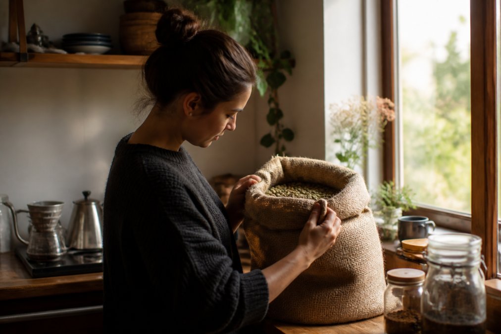A person in a cozy home kitchen holding a burlap coffee bag with green coffee beans, examining the label closely in warm natural window light