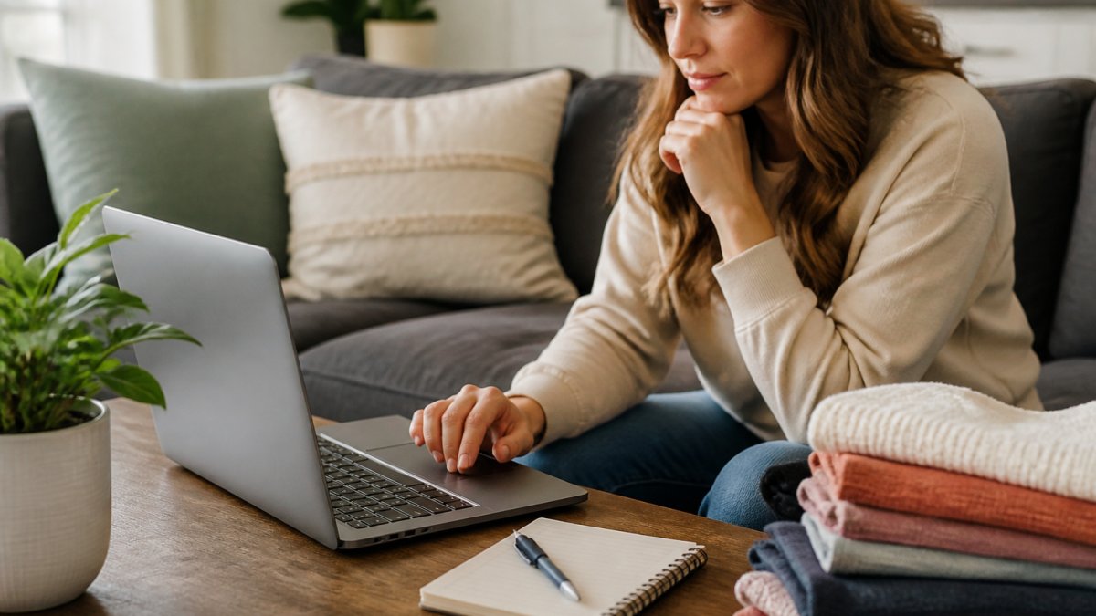Woman at home reviewing a clothing brand's website on her laptop, with a notepad and pen nearby, thoughtfully researching before making a purchase decision