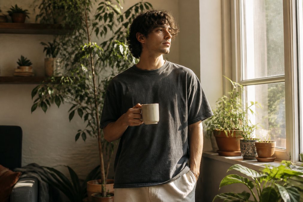 Person wearing a vintage-washed tee and fleece hoodie holding a coffee mug in a sunlit room with houseplants