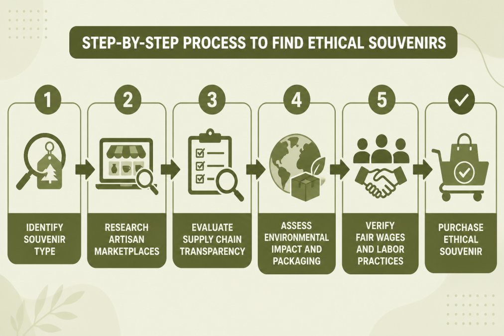 Five-step flowchart illustrating how to identify and purchase ethical US-made souvenirs.