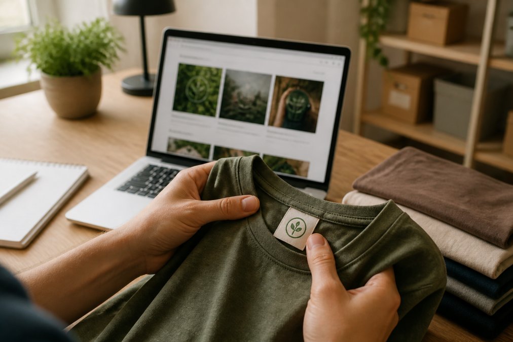 A close-up of a person's hands holding a graphic t-shirt with a visible certification label, while a laptop in the background shows a brand's sustainability page, in a bright home office setting
