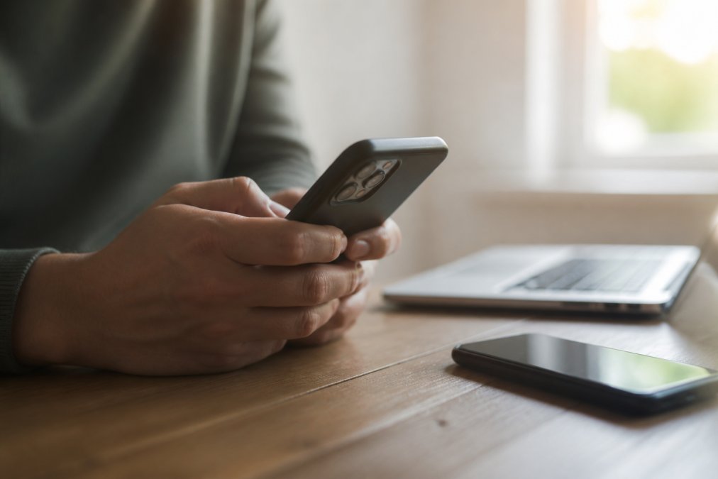 Close-up of a person's hands holding a smartphone with a blurred second phone and laptop visible on a desk nearby, soft natural light from a window, conveying secrecy and digital surveillance