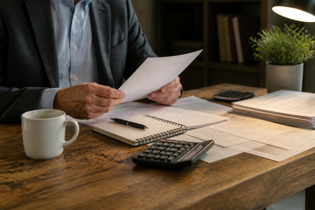 A professional investigator in business casual attire reviewing printed documents at a wooden desk with a notepad and coffee mug, warm office lighting, suggesting a consultation and case planning session