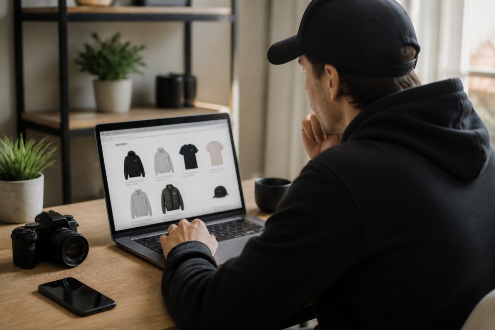 A person browsing a curated online clothing store on a laptop, with several browser tabs open showing limited edition apparel, in a bright home office setting