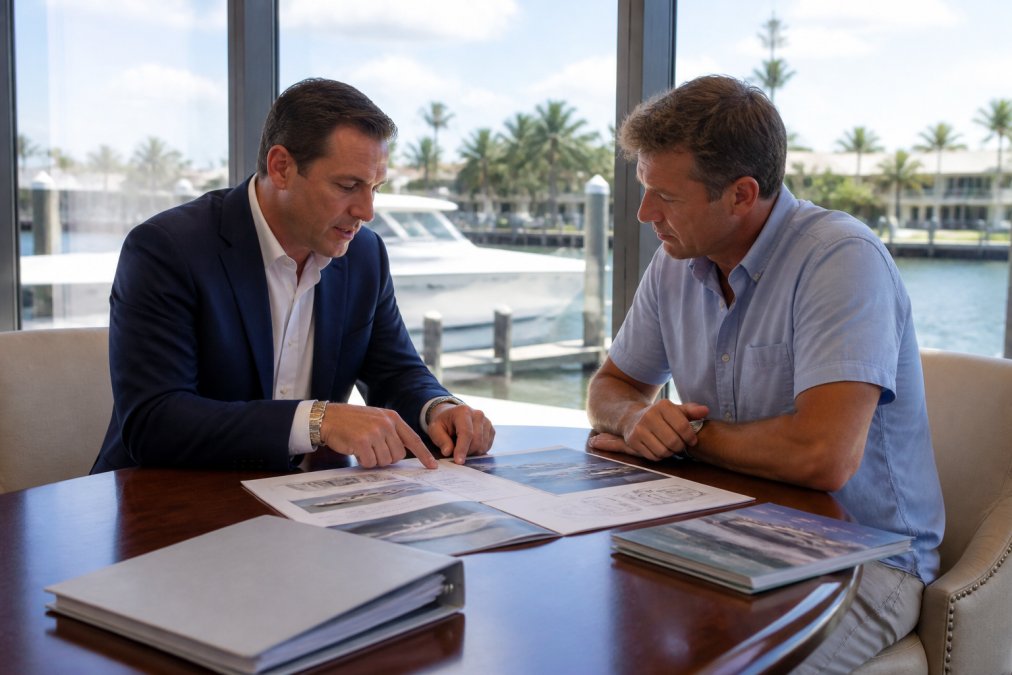 Professional yacht broker in business attire reviewing vessel specifications and documentation with a client in a modern waterfront office with marina views visible through windows